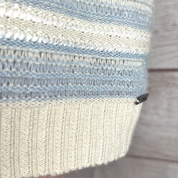 St. John Cashmere Linen Striped V Back Short Sleeves Sweater Top - Picture 10 of 14